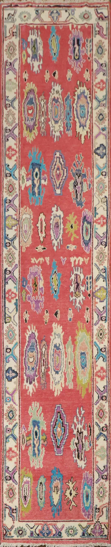Vibrant Red Oushak Turkish Runner Rug 12' 9'' X 2' 7''
