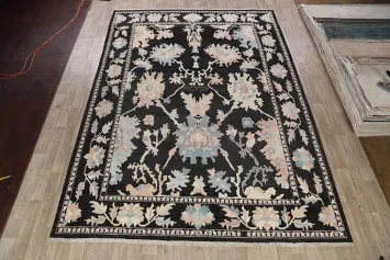 Classic Black Oushak Turkish Rug with Elegant Pastel Floral Motifs