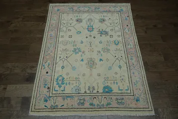 Soft-Toned Beige and Pink Turkish Rug with Classic Oriental Patterns 5x6