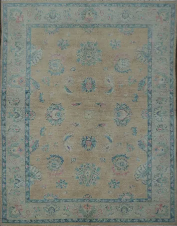 Muted Peach Coral and Turquoise Blue Oushak Turkish Rug 5x6