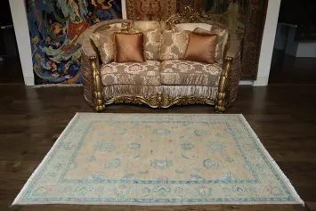 Muted Peach Coral and Turquoise Blue Oushak Turkish Rug 5x6