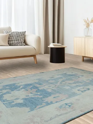 Chic Blue and Pastel Toned Oushak Turkish Rug with Antique Charm 5x8