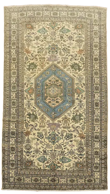Geometric Vintage Beige and Blue Tabriz Persian Wool Rug 5x9
