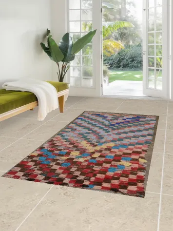 Antique Checkered Moroccan Oriental Area Rug 4x7