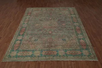 Elegant Vintage Green Persian Tabriz Rug with Intricate Floral Patterns 8x11