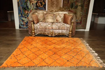Vibrant Orange Geometric Pattern Moroccan Rug for Modern Spaces 6x7 ft