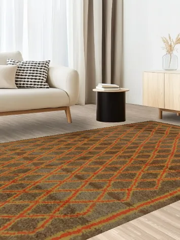 Brown Moroccan Area Rug 6x11 with Orange Geometric Pattern