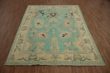 Charming Pastel-Toned Turquoise Floral Oushak Area Rug 9x11