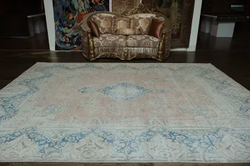 Muted Coral Pink Distressed Kerman Persian Area Rug 10x13