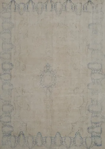 Classic Beige and Blue Distressed Kerman Persian Area Rug 8x11