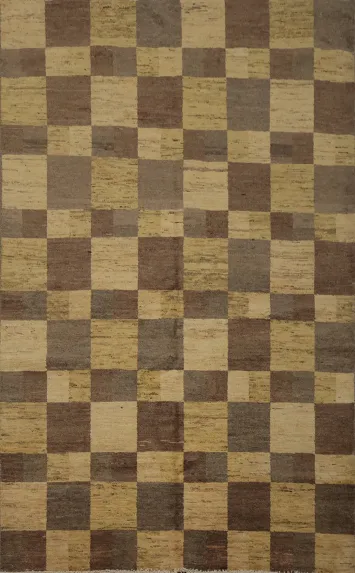 Stylish Neutral Palette Checkered Gabbeh Kashkoli Area Rug 6x8