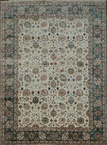 Ivory and Teal All-Over Floral Ziegler Vegetable Dye Rug 9x12