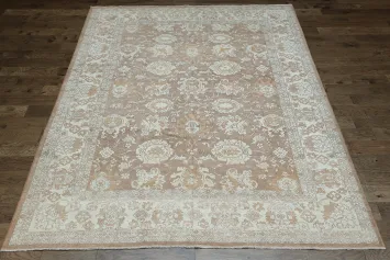 Timeless Soft Brown and Cream Oushak Turkish All-Over Pattern Rug 9x12