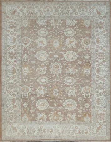 Timeless Soft Brown and Cream Oushak Turkish All-Over Pattern Rug 9x12