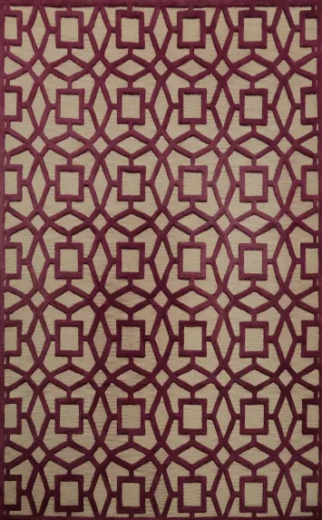 Contemporary Maroon and Beige Rug with Geometric Detailing 9x13