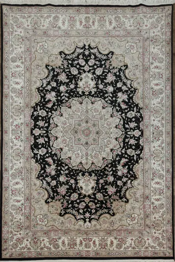 Elegant Floral Medallion Aubusson Chinese Rug in Classic Beige and Black Tones
