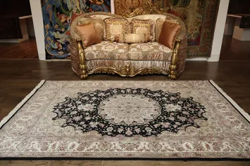 Elegant Floral Medallion Aubusson Chinese Rug in Classic Beige and Black Tones