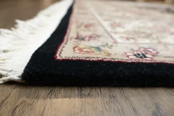 Elegant Floral Medallion Aubusson Chinese Rug in Classic Beige and Black Tones