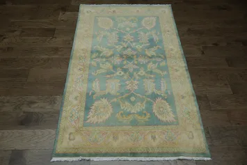 Stunning Antique-Style Teal Beige and Olive Peshawar Rug with Timeless Floral Design 4x7