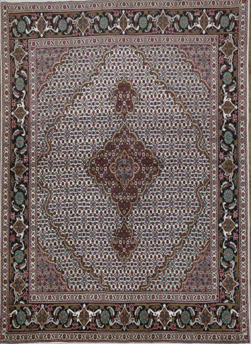 Wool and Silk Persian Tabriz Mahi design Area rug with an ivory field and Black Border 5x7