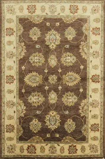 Traditional Brown and Beige Floral Patterned Peshawar Area Rug 4x6