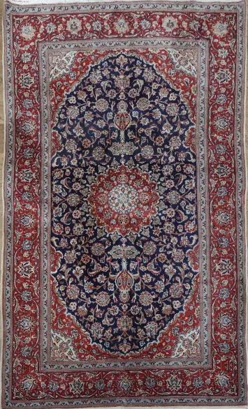 Antique Navy Blue and Deep Red Floral Kashan Dabir Persian Area Rug 5x7