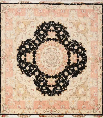 Luxurious Peach and Black Accents Tabriz Persian Square Rug 7x7 ft