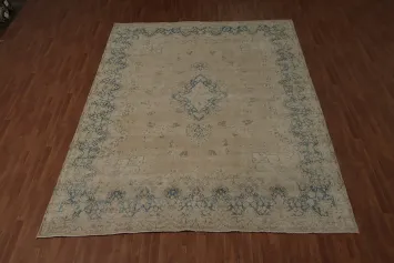 Elegant Beige Vintage Kerman Persian Rug with Intricate Blue Floral Design 10x13
