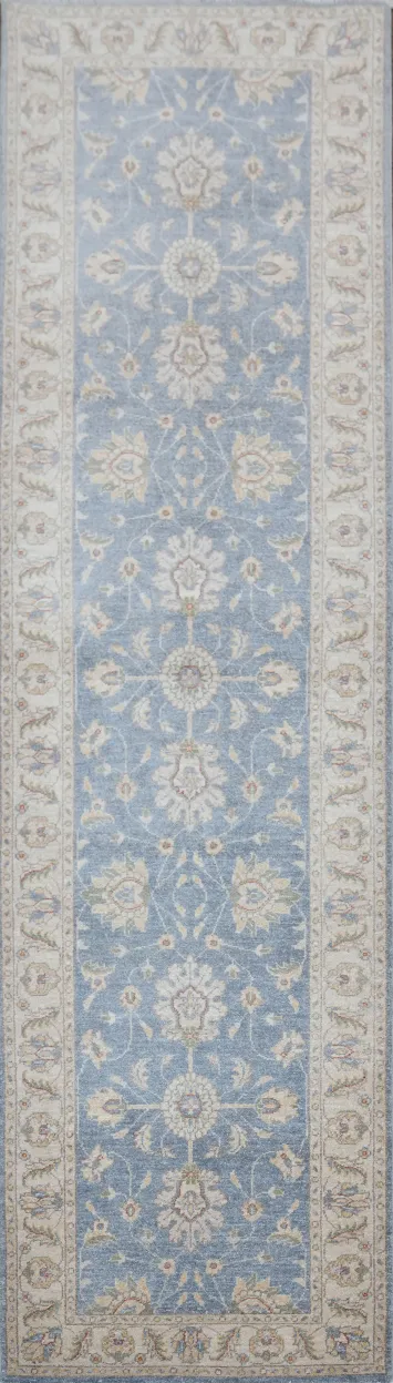 Peshawar Floral Motif Rug in Soft Blue Tones for Hallway Decor 3x10 ft