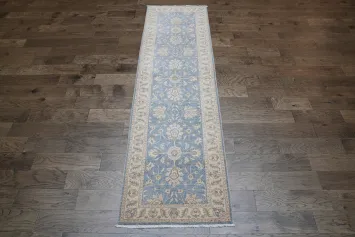 Peshawar Floral Motif Rug in Soft Blue Tones for Hallway Decor 3x10 ft