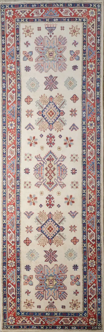 Kazak Ivory Runner Rug with Geometric Patterns and Soft Hues 3x8 ft