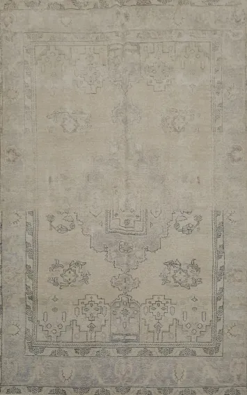 Subtle Beige Vintage Distressed Persian Rug with Traditional Floral Designs 6x9