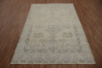 Subtle Beige Vintage Distressed Persian Rug with Traditional Floral Designs 6x9