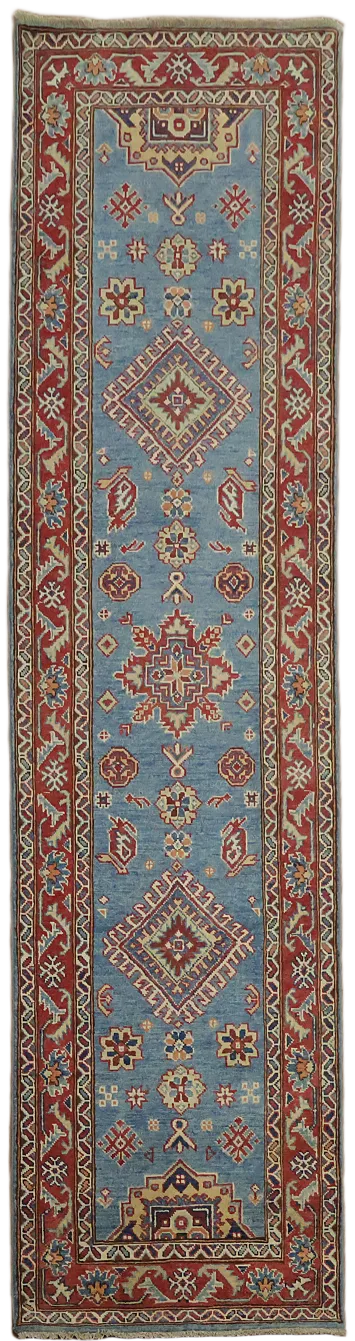 Kazak Geometric Patterns on a Classic Blue and Red Rug Runner 3'x10'