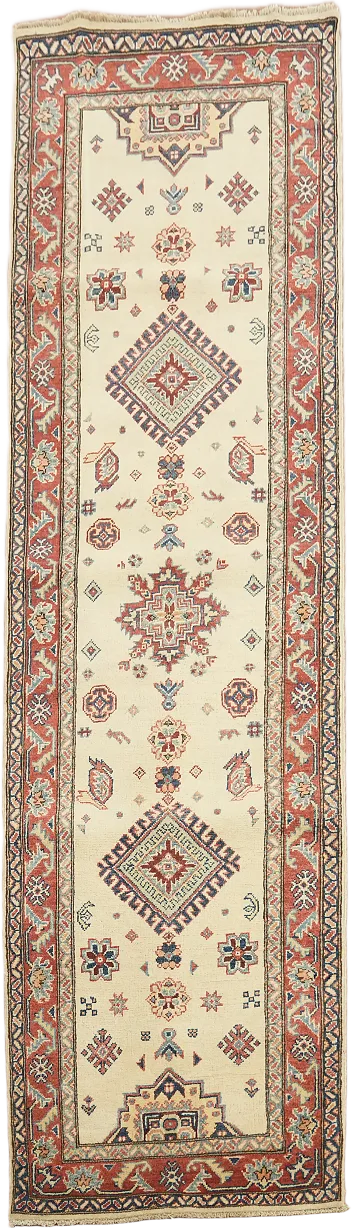 Elegant geometric Ivory Kazak Runner brings classic charm to your hallway 3'x10'