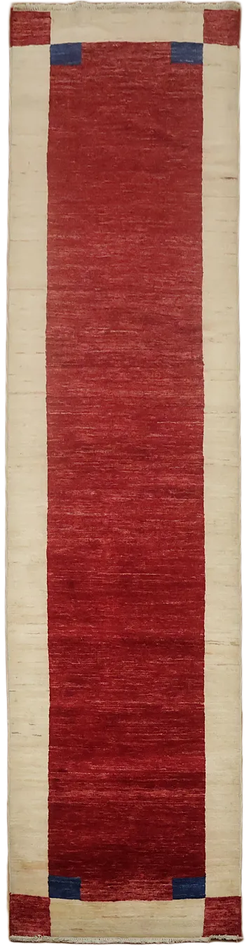 Contemporary Deep Red Gabbeh Runner with Ivory and Blue Corners 3x10