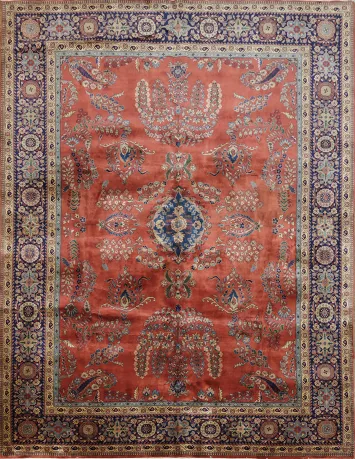 Exquisite Persian Style Kashan Rug with Rich Brick Red and Navy Border 9x12