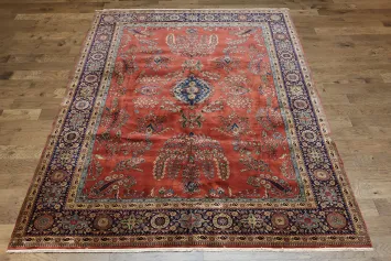 Exquisite Persian Style Kashan Rug with Rich Brick Red and Navy Border 9x12