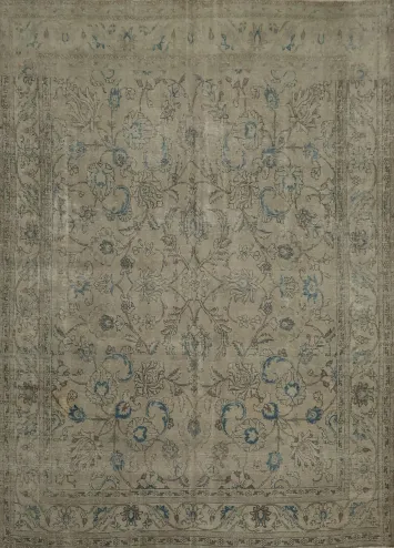 Square Distressed Beige and Blue Rug with Classic Design 10x10