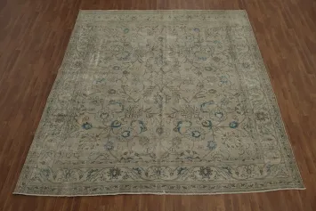 Square Distressed Beige and Blue Rug with Classic Design 10x10