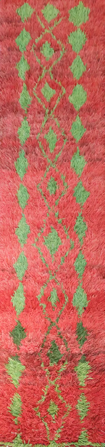 Warm Coral Red and Green Geometric Moroccan Runner for Vibrant Interiors 3x12 ft
