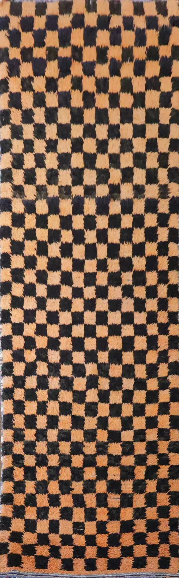 Handmade Vintage Moroccan Black and Orange Checkered Runner 3x9 ft