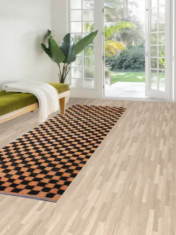 Handmade Vintage Moroccan Black and Orange Checkered Runner 3x9 ft