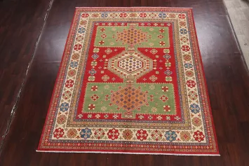 Vegetable Dye Geometric Red/Green Kazak Area Rug 8x10