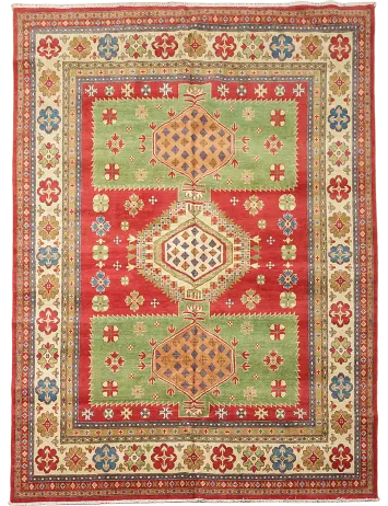 Vegetable Dye Geometric Red/Green Kazak Area Rug 8x10