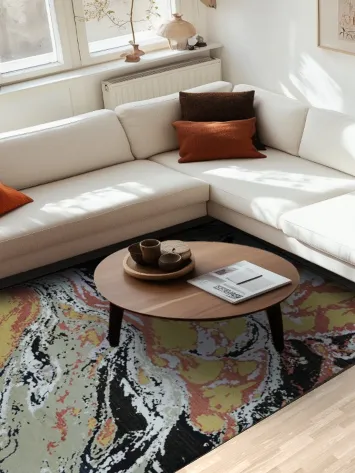 Abstract Marble Inspired Rug with Warm Earthy Tones and Black Accents 6x10