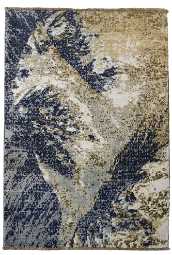 Artistic Blue and Gold Tones in This Abstract Rug 4'x6'