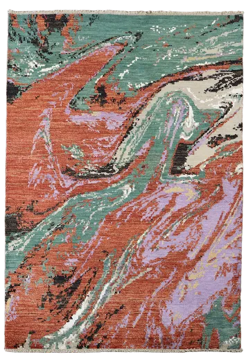 Swirling Colorful Abstract Rug with Red, Green, and Purple Tones 4'x6'