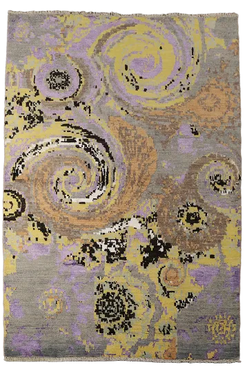 Modern Abstract Rug Featuring Spiral Design in Grey and Lilac 4x6 ft