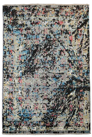 Modern Splash Art Rug with Black and Blue Accents 4'x6'